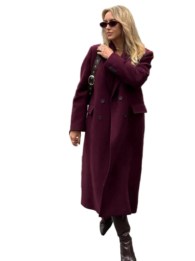 Burgundy Woolen Coat Double Breasted