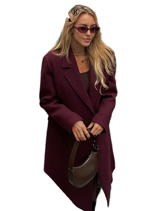 Burgundy Woolen Coat Double Breasted